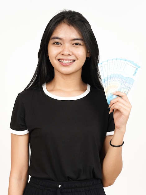 Holding 50000 Rupiah Banknote of Beautiful Asian Woman Isolated On White Background