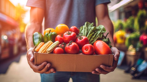 農家市場の食料品売り場の前で果物と野菜のバッグを握っている Generative AI