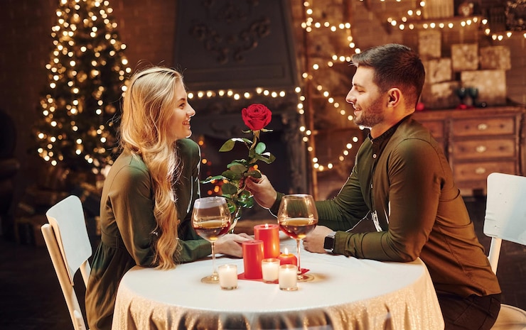 Photo holding beautiful red rose young lovely couple have romantic dinner indoors together