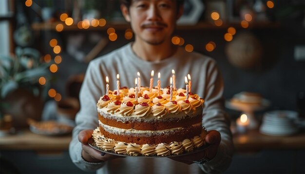 Tenendo una torta di compleanno vicino a una torta festiva con candele accese felice barbuto irriconoscibile