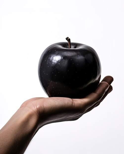 Holding an black apple in the hand from below isolated on white background