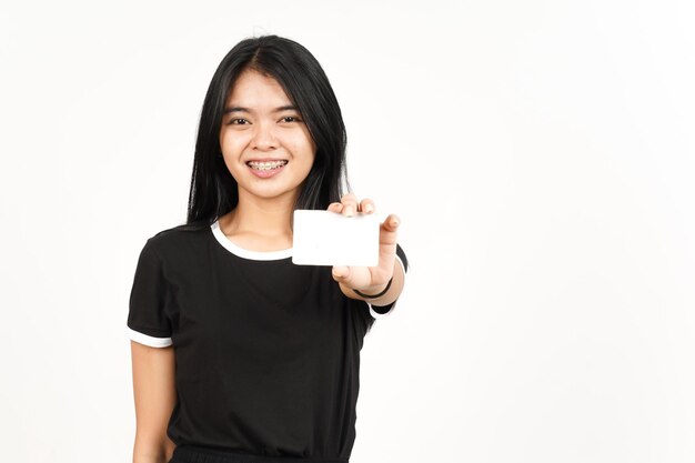 Holding Blank Bank Card Or Credit Card Of Beautiful Asian Woman Isolated On White Background