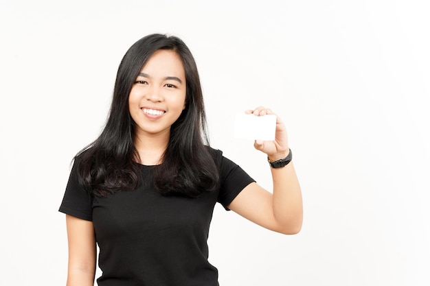 Holding Blank Bank Card Or Credit Card of Beautiful Asian Woman Isolated On White Background