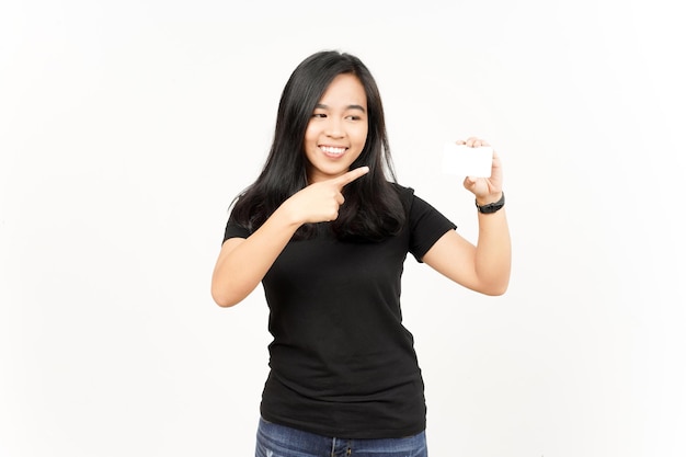 Holding Blank Bank Card Or Credit Card of Beautiful Asian Woman Isolated On White Background