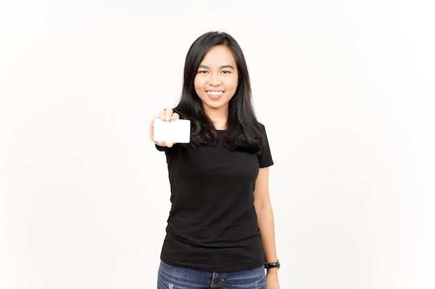 Holding Blank Bank Card Or Credit Card of Beautiful Asian Woman Isolated On White Background