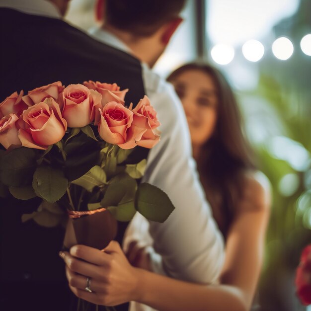 Foto tenendo un bouquet di rose un momento inaspettato