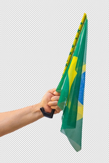 흰색에 고립 된 브라질 국기를 들고 축구 브라질 팬 국기를 들고