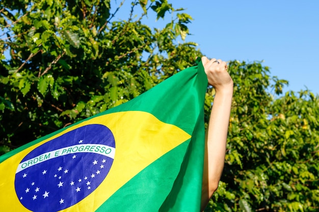 Foto tenendo al vento la bandiera brasiliana