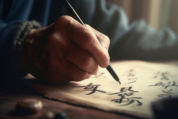 Tenere pennello scrivere carta cinese disegnare pittura scrittura mano antica generare ai