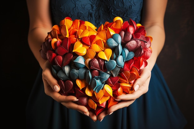 Holding colorful hearts in the hand volenteer and humanitarian help concept charity and friendship