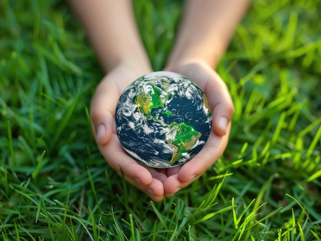 Photo holding the earth in hand on the grass