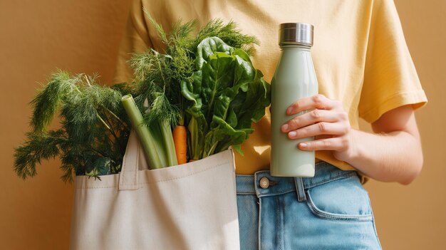 holding fresh vegetables and a reusable bottle in a tote bag while wearing a casual outfit in a home setting
