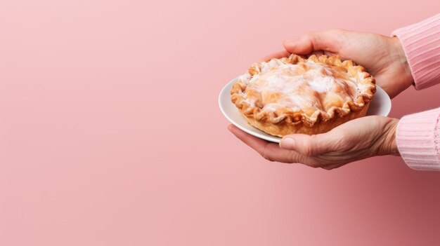 Photo holding a freshly baked pie in his hands background for text