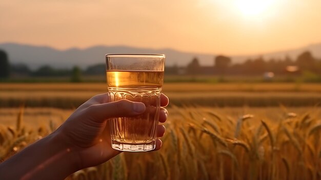 Photo holding a glass of beer bale rice closeup of beer bubbles in a cold pint glass