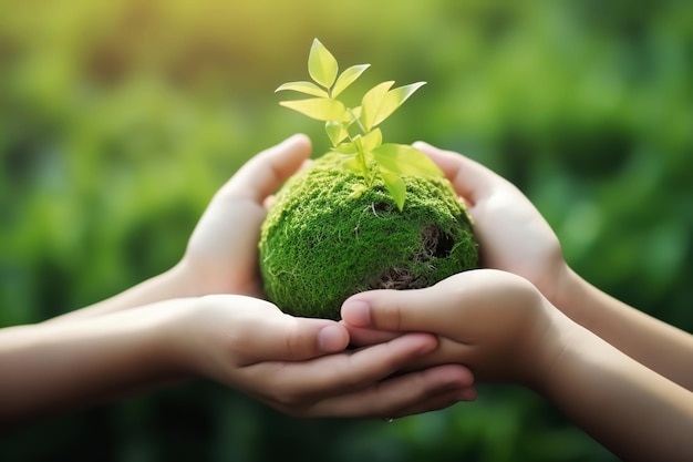 Holding a Green Earth in Hand in a Green Forest Environmental Concept