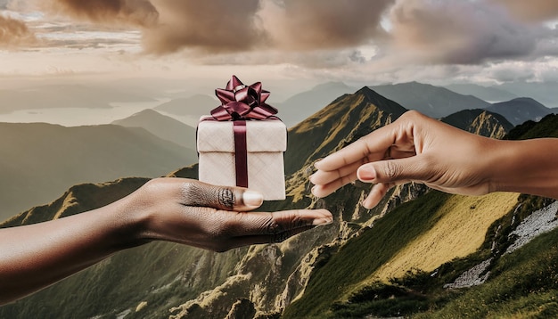 Фото holding hands and exchanging gift box box given from hands to hands