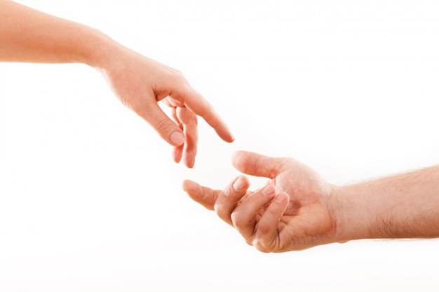 Holding hands couple on white background.