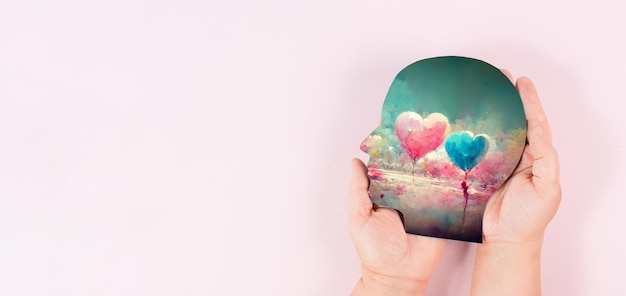 Holding a head with a colorful hearts in the hands, symbol of\
love and positive emotion, charity