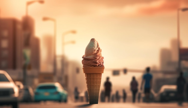 Держит рожок мороженого, наслаждаясь сладким освежением, созданным ИИ