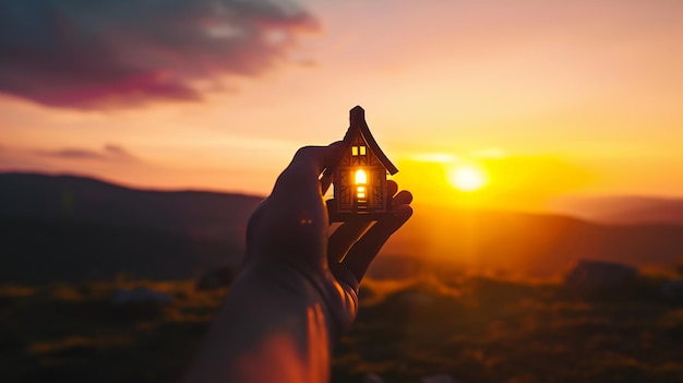 Holding Illuminated Miniature House at Sunset