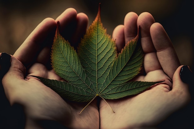 Photo holding a leaf of cbd hemp