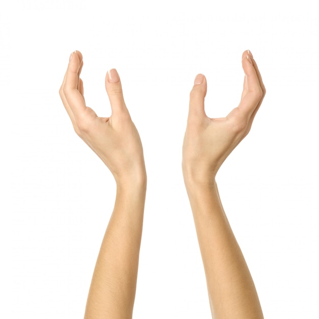 Foto tenendo o misurando le mani. gesturing della mano della donna isolato su bianco