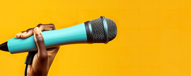 Holding microphone against colorful background