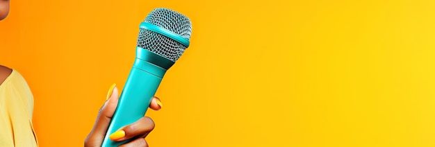 Holding microphone against colorful background