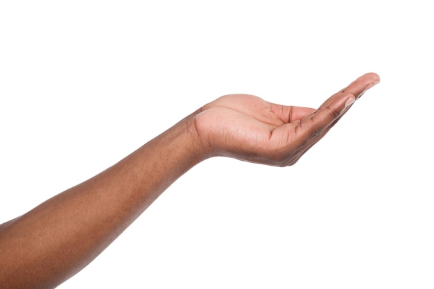 Holding or offering. Outstretched male hand, man keeping empty palm on white isolated background