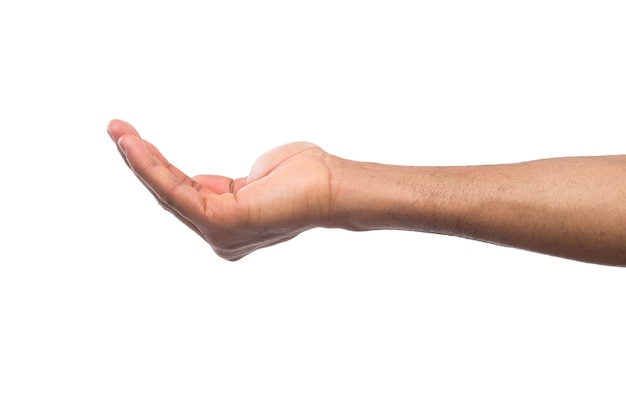 Photo holding or offering. outstretched male hand, man keeping empty palm on white isolated background