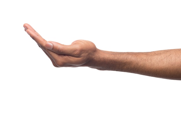 Photo holding or offering. outstretched male hand, man keeping empty palm on white isolated background