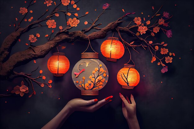 Holding oriental style lanterns hang on tree Generative Ai