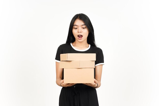 Holding Package Box or Cardboard Box Of Beautiful Asian Woman Isolated On White Background