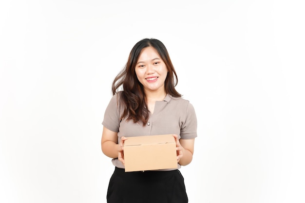 Holding Package Box or Cardboard Box Of Beautiful Asian Woman Isolated On White Background