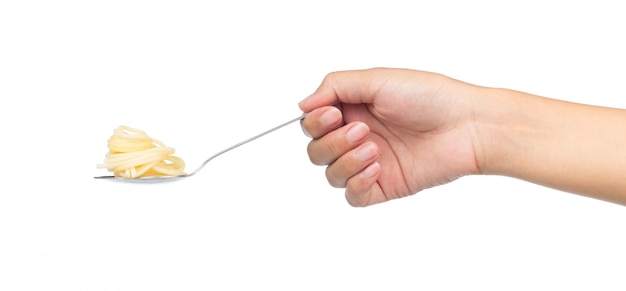 holding pasta spaghetti on spoon isolated on white background