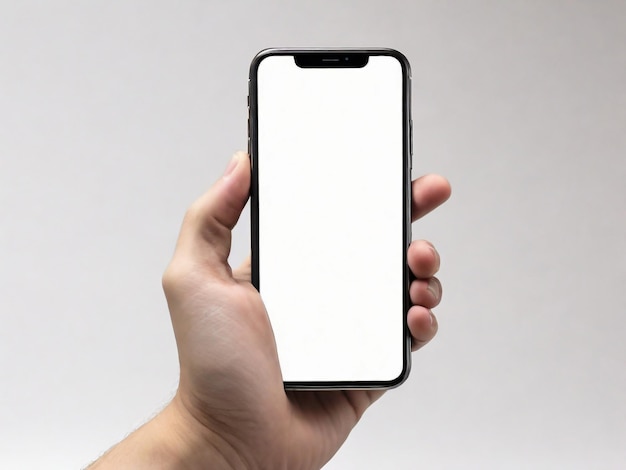 holding an phone on a background in the style of minimalist backgrounds light gray uhd image cecilia beaux streamlined forms screen format high quality photo