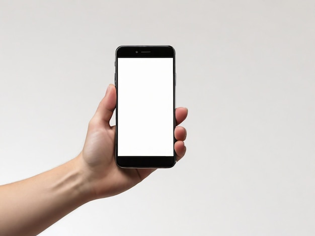 holding an phone on a background in the style of minimalist backgrounds light gray uhd image cecilia beaux streamlined forms screen format high quality photo