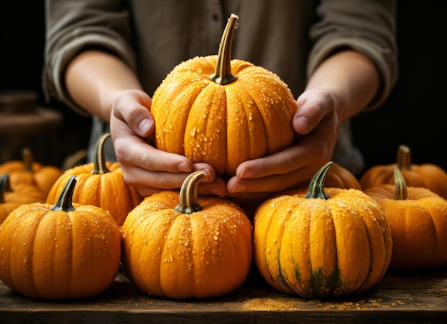 Holding a pumpkin photo in both hands