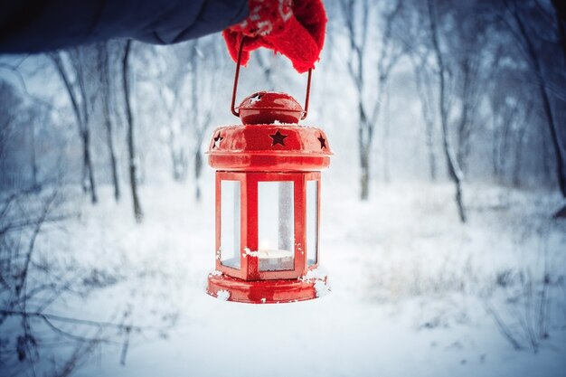 Foto tenendo in mano una lanterna a candela rossa nella foresta invernale