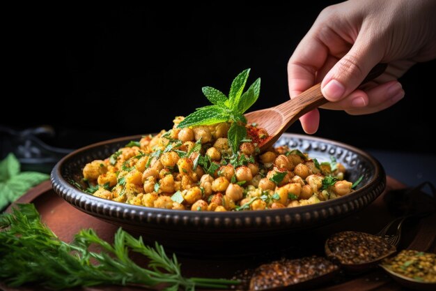 Photo holding a scoop of chickpeas over a serving plate