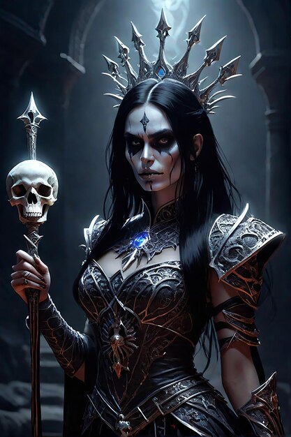 Holding a short scepter with a skull young woman gorgeous body zoomed