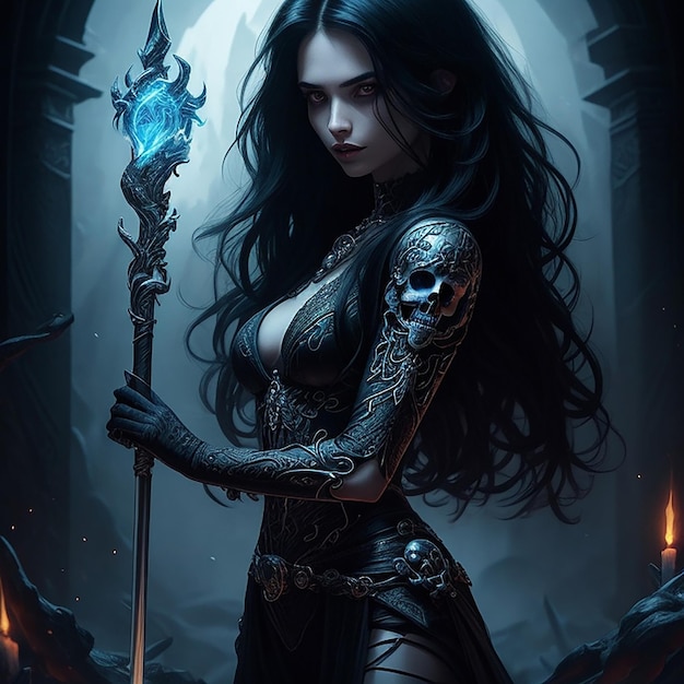 Holding a short scepter with a skull young woman gorgeous body zoomed