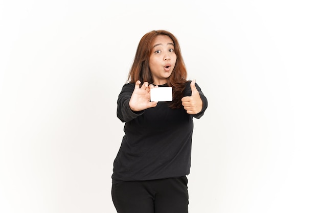 Holding and Showing Blank Credit or Bank Card Of Beautiful Asian Woman Wearing Black Shirt