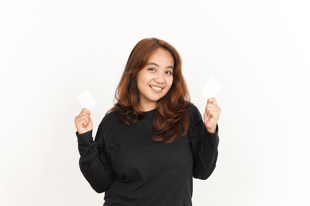 Holding and Showing Blank Credit or Bank Card Of Beautiful Asian Woman Wearing Black Shirt