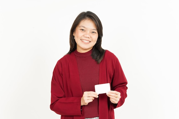 Holding and Showing Blank Credit or Bank Card Of Beautiful Asian Woman Wearing Red Shirt