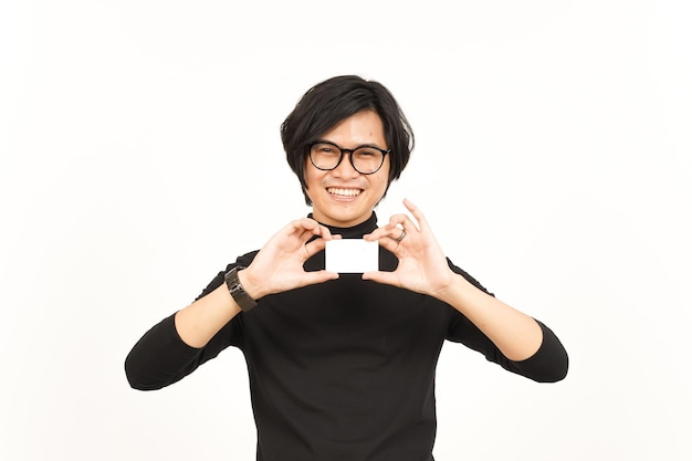 Holding and Showing Blank Credit or Bank Card Of Handsome Asian Man Isolated On White Background