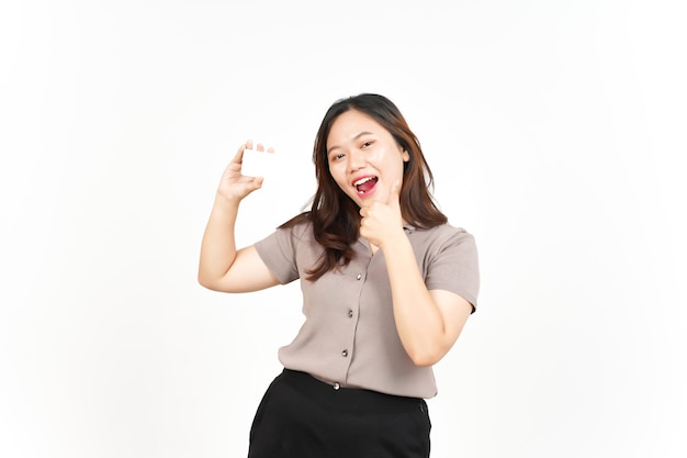 Holding and Showing Blank Credit Card Of Beautiful Asian Woman Isolated On White Background