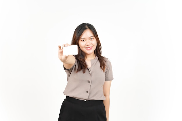 Holding and Showing Blank Credit Card Of Beautiful Asian Woman Isolated On White Background