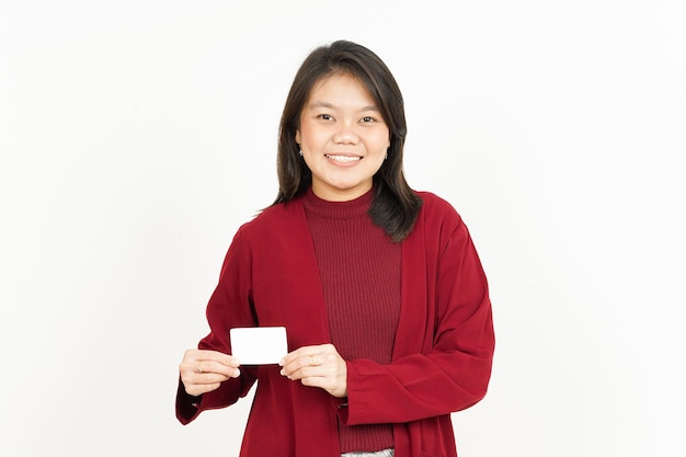 Holding and Showing Blank Credit Card Of Beautiful Asian Woman Wearing Red Shirt Isolated On White