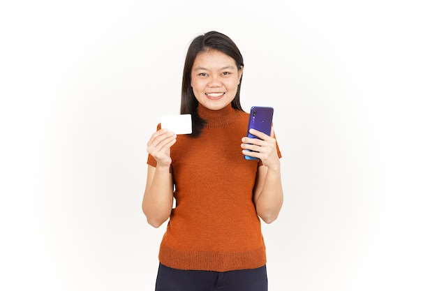 Holding Smartphone and Blank Bank Card or Credit Card Of Beautiful Asian Woman Isolated On White